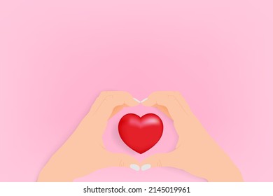 Heart shape created from hands with red heart shape in middle isolated on pink background flat illustration vector.