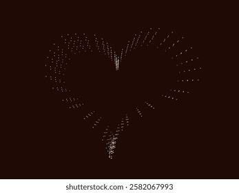 Heart shape created with light Mocha Mousse color particles against dark brown background. Love and affection during nighttime celebration. Digital art space. Tech card. Illumination sparkles gently