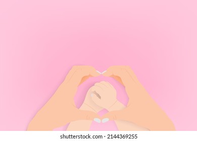 Forma cardíaca creada a partir de las manos madre, brazos de bebé en el medio aislados en el fondo rosa del vector de ilustración plana.