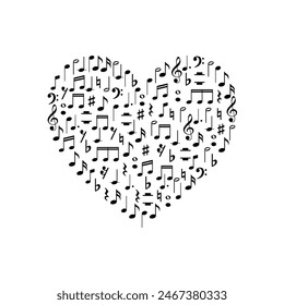 Heart Shape created from Musical Notation Sign or Musical Key Icon Symbol, can use for Logo Gram, Pictogram, Art Illustration, Decoration, Ornate, Background, Cover, Music Event Poster, etc.