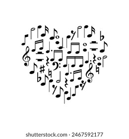 Heart Shape created from Musical Notation Sign or Musical Key Icon Symbol, can use for Logo Gram, Pictogram, Art Illustration, Decoration, Ornate, Background, Cover, Music Event Poster, etc.