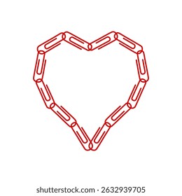 Heart shape created with red paper clips on a white background, ideal for office decor or crafts
