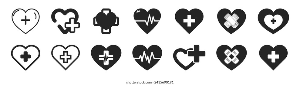 Forma cardíaca con cruz dentro. Icono de plano cardíaco, vector de signo de concepto de cuidado de la salud. Pictograma de concepto de soporte médico simple