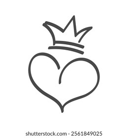 Heart shape with crown line icon. Decorative doodle illustration about love and passion. Vector on white background