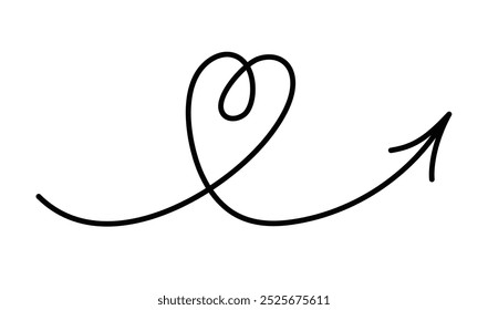 Heart shape curved line with arrow pointing right and up. Sketch. Vector black line design element isolated on white background.
