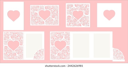 Colección de tarjetas de recorte de forma de corazón con 5x5 y 5x7 plantilla de corte láser de 3 pliegues y lindo diseño de corazón estampado para el día de la madre o el día de san valentín.