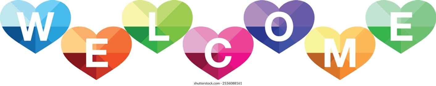 heart shape cyan orange lime pink purple yellow and green color with word welcome,  word welcome vector illustration isolated on white background.