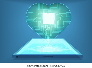 Heart shape cyber tech information the futuristic,digital design passive in love Valentine's days ,on mobile with blue background,heart cyber concept,vector art and illustration.