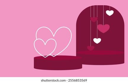 Heart shape with dark red podium on light pink , Happy Valentine's Day background.