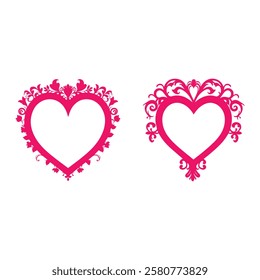 Heart Shape Decorated Border Photo Frame Ornate floral wreath with leaves Vector Icon Set for Valentine's Day Love Romance wedding invitation.
