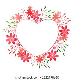 Heart Shape Decorated with Flowers and Leaves on White Background.