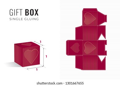 Heart Shape Decorated Valentines Day Inverted Gift Box Die Cut Cube Template with 3D Preview - Light Blueprint Layout with Cutting and Scoring Lines over Gold Stripes on Red - Vector Packaging Design