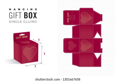 Heart Shape Decorated Valentines Day Inverted Hanging Gift Box Die Cut Cube Template with 3D Preview - Light Blueprint Layout with Cutting and Scoring Lines over Gold on Red - Vector Packaging Design
