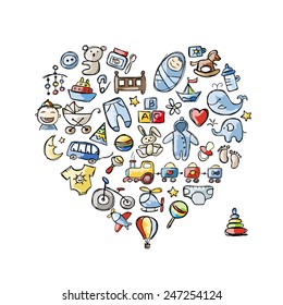 Heart shape design with toys for baby boy. Vector illustration