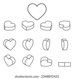 Heart shape with different angles line art drawing doodle vector illustration 3d style