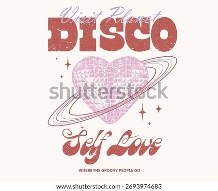 Heart shape disco ball t shirt design. Disco party ball graphic print design poster. Sparkle party ball. Self love club. Planet disco artwork.