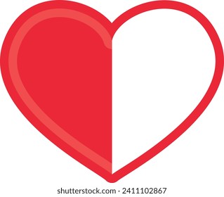 Heart shape distinctly divided into two halves, one half filled with a bright red color symbolizing love or affection, and the other half is white.