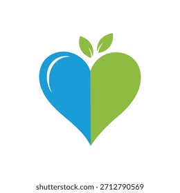 Forma del corazón dividido agua azul y hoja verde aislado sobre fondo blanco