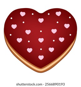 Heart shape donut with red glaze and cute hearts on top. Vector illustration.