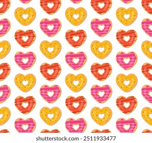 Heart Shape Donuts Seamless Pattern. Sweet Cookies Background. Doughnut Dessert Backdrop for Birthday, Donut Day, Sweetest Day, Bakery, Confectionary.