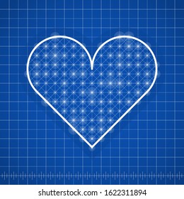 Heart shape drawing template with blue background. Lined template with love technical drawing. Vector illustration scheme.