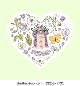 Heart shape with drawings of spring flowers and a girl in a flower wreath in the middle on a light green background in a vector illustration