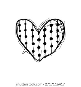 A heart shape is drawn with black lines and filled with dots on a white background. The design features a string-like outline and evenly spaced dots throughout.