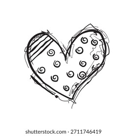 Una forma de corazón está dibujada en blanco y negro. El corazón presenta remolinos y líneas en su interior, mostrando un diseño artístico simple sin usar colores.