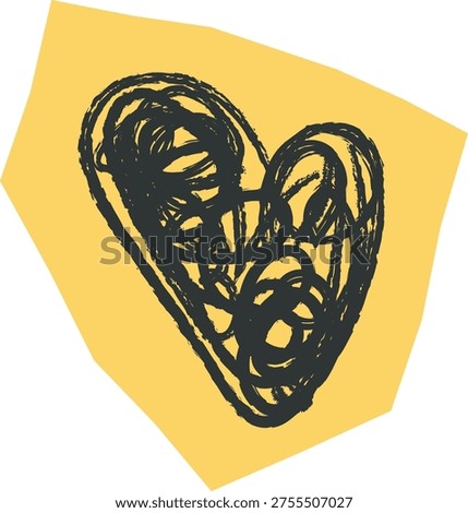 Heart shape drawn as messy scribble over rough abstract patch, hand-drawn with textured strokes. Symbol of love, romance, passion, and raw emotion, conveying spontaneity. Cartoon vector illustration.