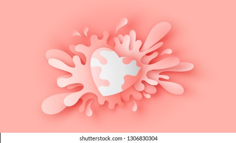 Heart shape drop on the red watercolor surface and watercolor splash around. paper cut and craft style. vector, illustration.