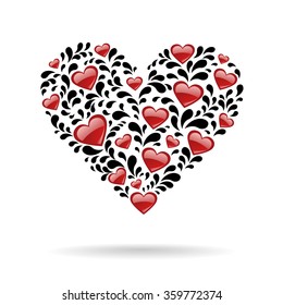 Heart shape with drops and red hearts.