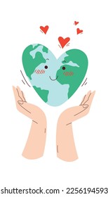 Heart shape earth day flat icon Planet protection. Vector illustration