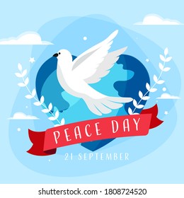 Heart Shape Earth Globe with Flying Dove and Olive Leaves on Blue Background for 21st September, Peace Day.