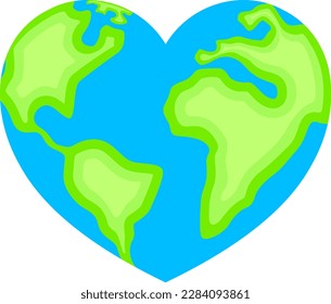 Heart shape Earth planet. World heart day. Earth day concept. Vector illustration.