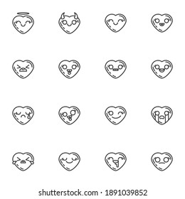 Heart shape emoji line icons set, outline vector symbol collection, linear style pictogram pack. Signs, logo illustration. Set includes icons as smiley heart, love and valentines day emoticons