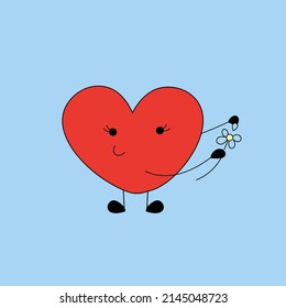 Heart shape emoticon isolated on blue background. Heart in love. Funny cartoon character of emoji heart. Cute character in the shape of a heart tells fortunes on a chamomile.Happy Valentine's day card