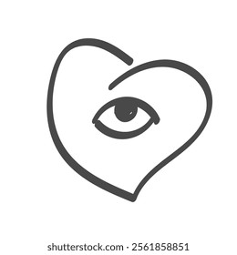 Heart shape with eye line icon. Decorative doodle illustration about love and passion. Vector on white background