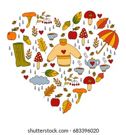 Heart shape fall autumn doodle icons set decorative elements