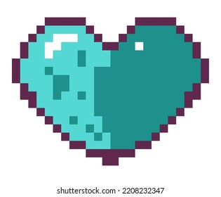 Heart shape figure, isolated pixelated form for interface of arcade, elements for gameplay. Life or healing reward for player. Pixel art, 8 bit retro graphics, old game design. Vector in flat style