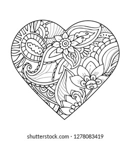 Heart shape filled with abstract flowers. Zentangle love and passion symbol.