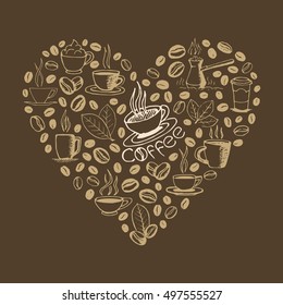 Heart shape filled by hand drawn coffee doodles isolated on brown background. cup, cezve, beans, leaves symbols and lettering. Sketchy vector eps8 illustration.