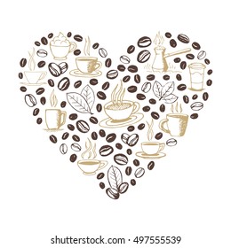 Heart shape filled by hand drawn coffee doodles isolated on white background. cup, cezve, beans and leaves symbols. Sketchy vector eps8 illustration.