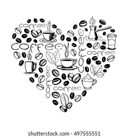 Heart shape filled by hand drawn coffee doodles isolated on white background. cup, cezve, beans, leaves symbols and lettering. Sketchy vector eps8 illustration.