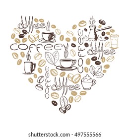 Heart shape filled by hand drawn coffee doodles isolated on white background. cup, cezve, beans, leaves symbols and lettering. Sketchy vector eps8 illustration.