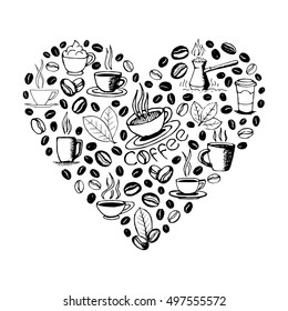 Heart shape filled by hand drawn coffee doodles isolated on white background. cup, cezve, beans, leaves symbols and lettering. Sketchy vector eps8 illustration.