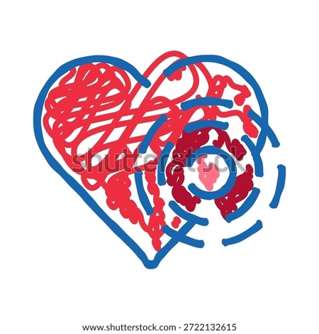 Heart shape filled with chaotic red scribbles and pulsating blue lines, symbolizing emotional stress, confusion, anxiety, conflict, and complex feelings
