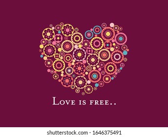 Heart shape filled with colorful circles with the text Love is free