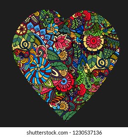 Heart shape filled with fantasy zentangle flowers and plants. Illustration for St.Valentines day.