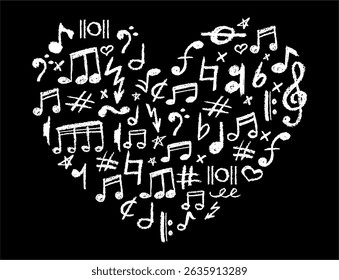 Heart shape filled with musical icons set. Charcoal stamp texture, cute underline symbols for kindergarten or school. White music note, lightning and love signs collection. Vector card illustration