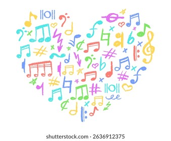 Heart shape filled with musical icons set. Cute underline symbols charcoal stamp texture and kindergarten color. Colorful music note, lightning and love signs collection. Vector card illustration